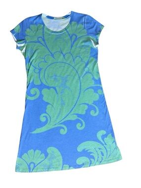 Sundance Before & Again Blue Green Floral Burnout Knit T-Shirt Dress Medium